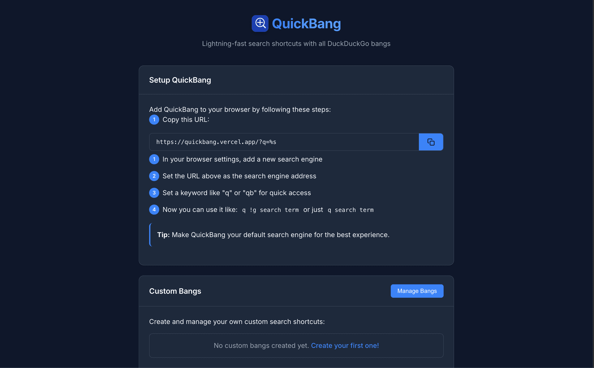 QuickBang - Lightning-fast search shortcuts to enhance your workflow.